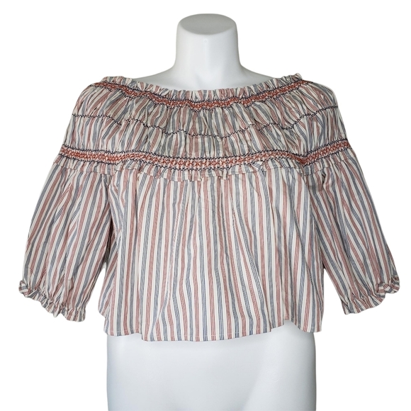 Gianni Bini | 100% Cotton Bohemian Fiesta Off Shoulder Cropped Striped Blouse L - Picture 1 of 6
